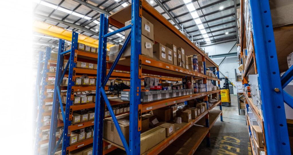 Parts Banner with White Gradient - warehouse shelves of forklift parts